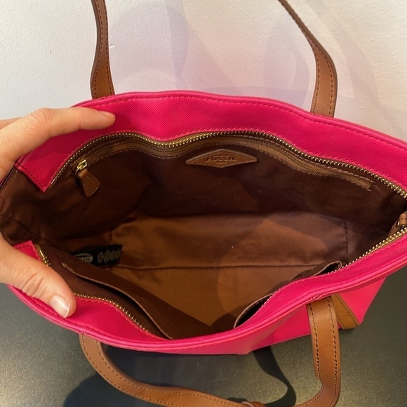 NWOT Fossil Ava Satchel pink with brown leather trim removable shoulder strap - Picture 10 of 13